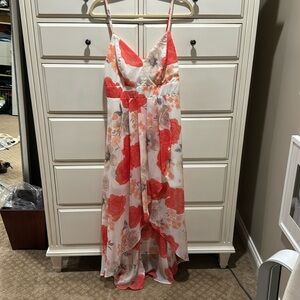Crystal Doll dress in coral & white. Sz 11. Sexy v-neck. Fits like a S or M.